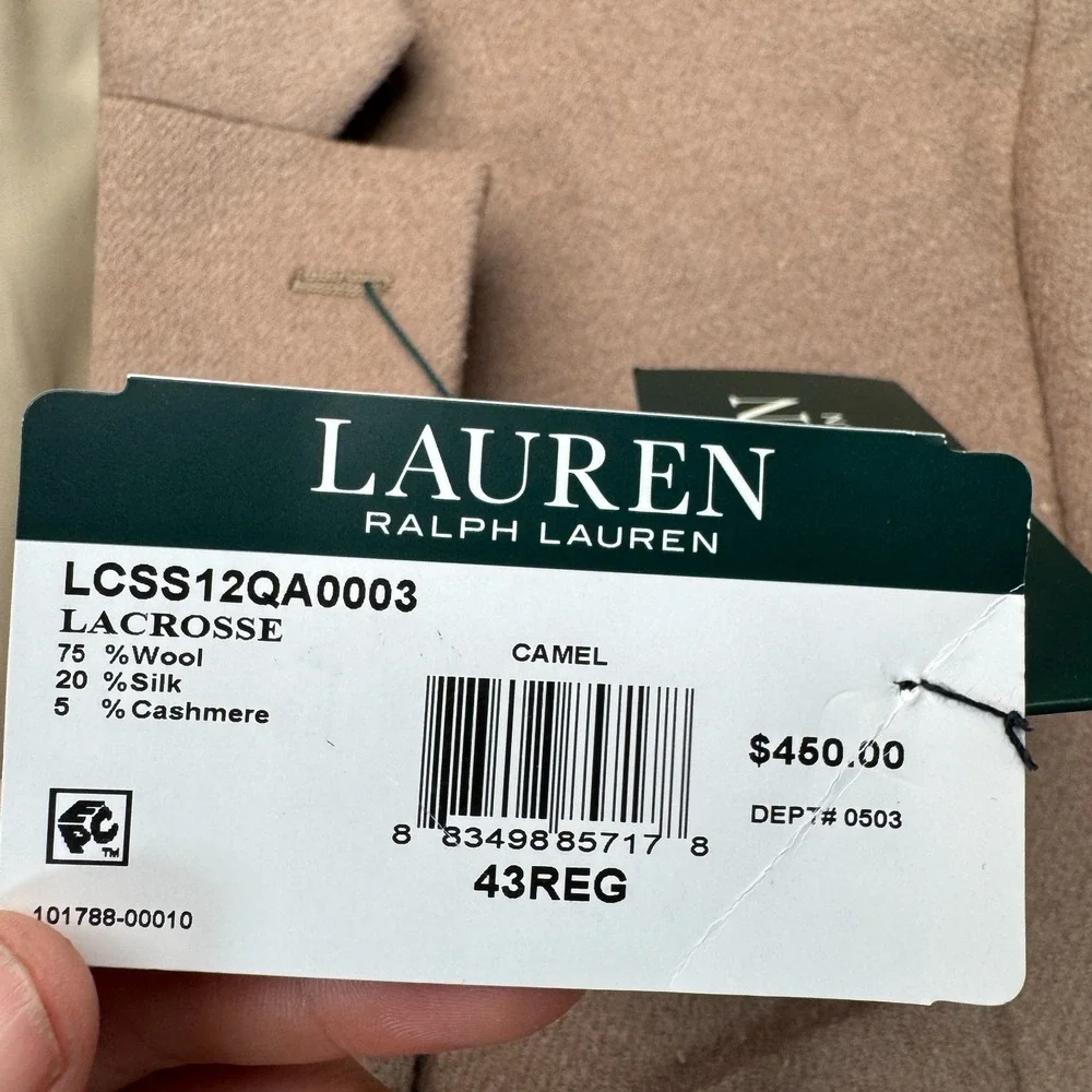NWT Lauren Ralph Lauren 43R Blazer Lacrosse Camel Wool Silk Cashmere Sport Coat
